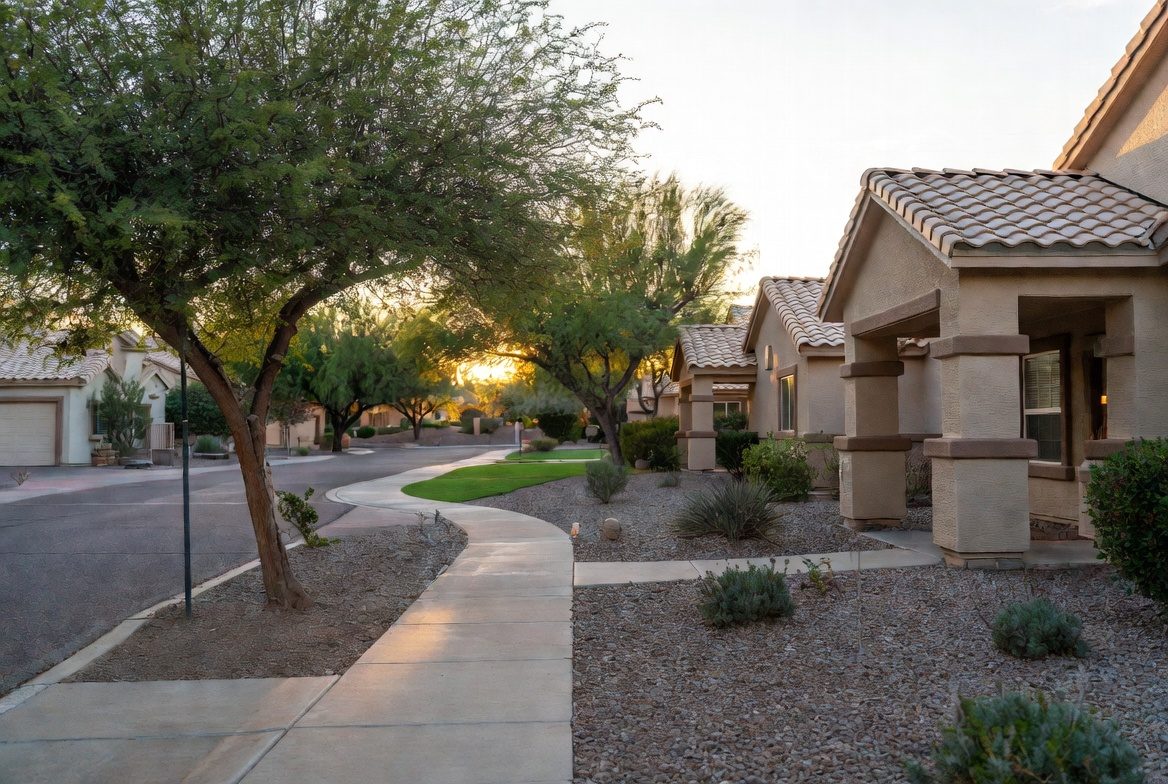 Single-story homes and landscaped walkways in a 55+ community near Casa Grande, Arizona