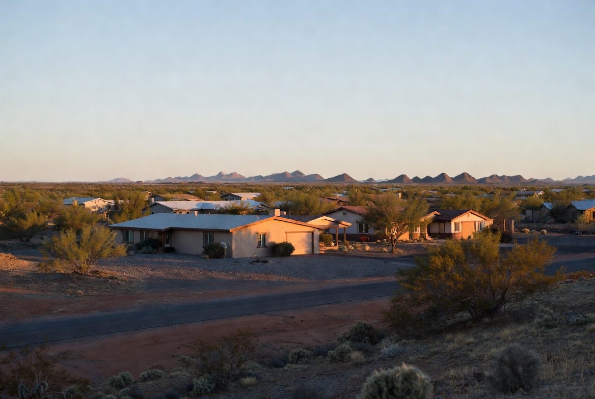 Homes on large desert lots with open land between them in Arizona City, Arizona