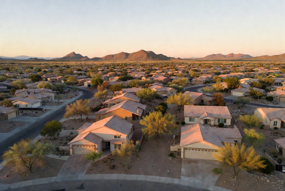 Aerial view of a Casa Grande, Arizona residential neighborhood at golden hour with desert mountains on the horizon