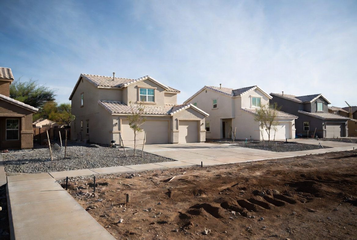 Newly built single-family homes and graded lots in Coolidge, Arizona