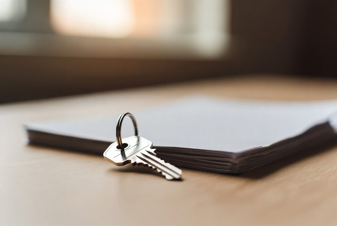 A house key resting on a stack of blank closing paperwork