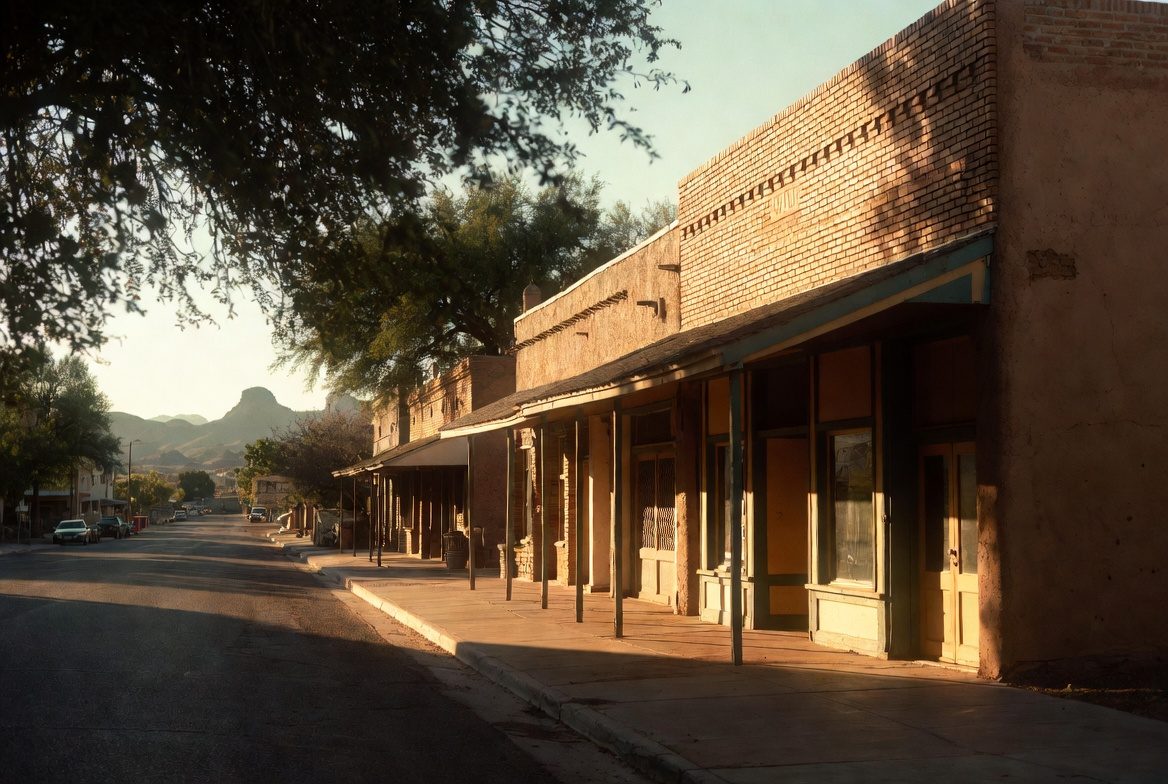 Historic brick and adobe storefronts on a main street in Florence, Arizona