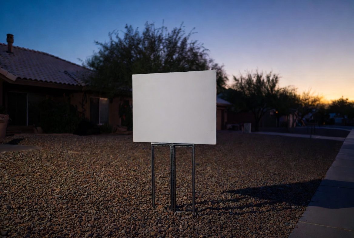 A blank real estate yard sign outside a Casa Grande, Arizona home at dusk