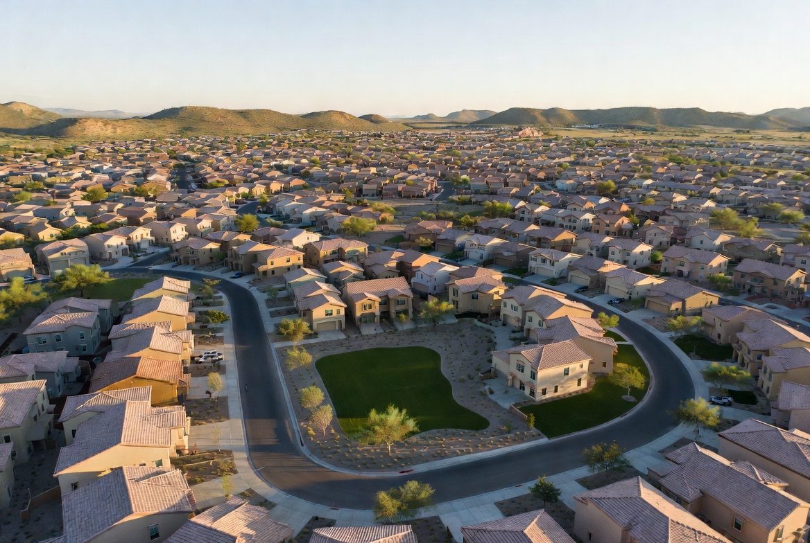 Aerial view of a master-planned residential community in Maricopa, Arizona