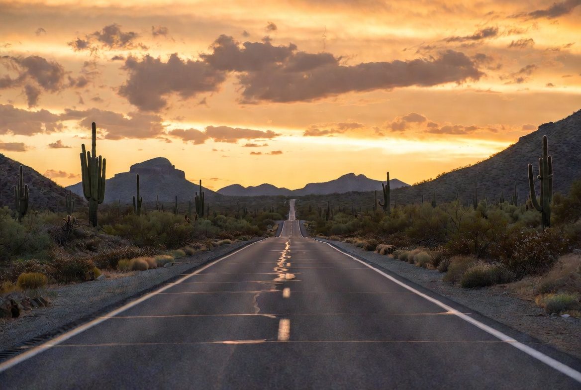 An open desert highway leading toward distant mountains in Arizona
