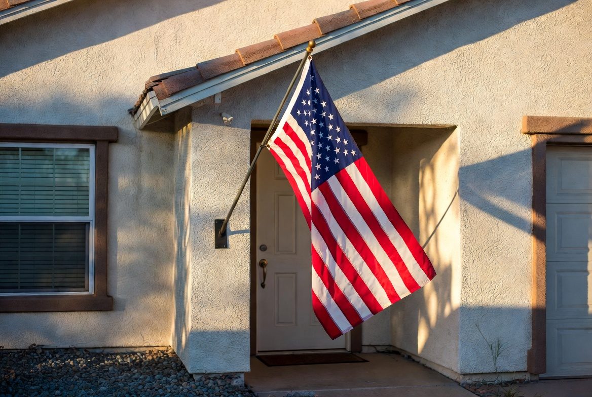 An American flag mounted beside the front entry of a single-story Arizona home